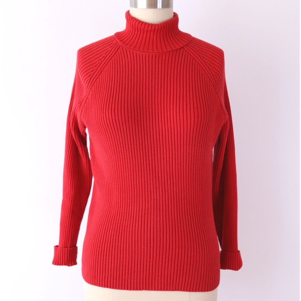 SIZE L Jeanne Pierre Turtleneck Sweater Red Ribbed Cotton Blend Raglan Large